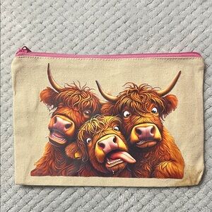 NWOT Makeup bag or pouch Cow Canvas with Pink Zipper